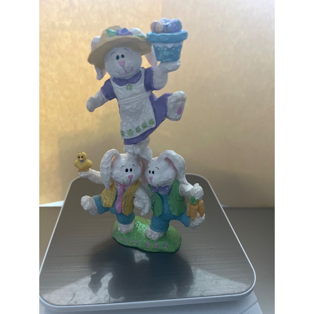 Vintage Style Easter Bunny Rabbit Figurine Stack Resin Folk Art Decor 6.5 Inch